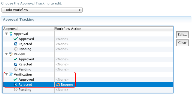 Eclipse UI for Approval Tracking showing a configured Reopen action on Rejected verifications