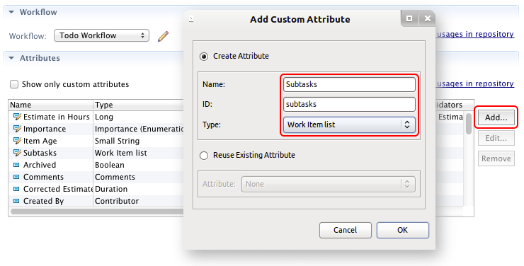 Create a custom attribute Subtasks of type Work Item List in the Eclipse UI