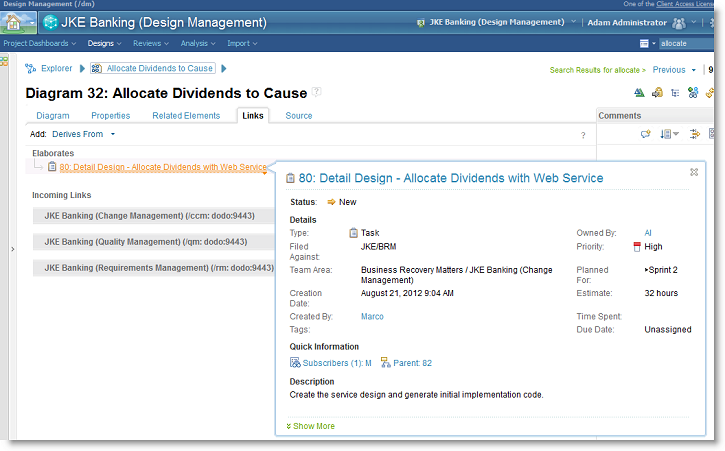 Figure 9. Links tab in RSADM UI showing a link to an RTC Task