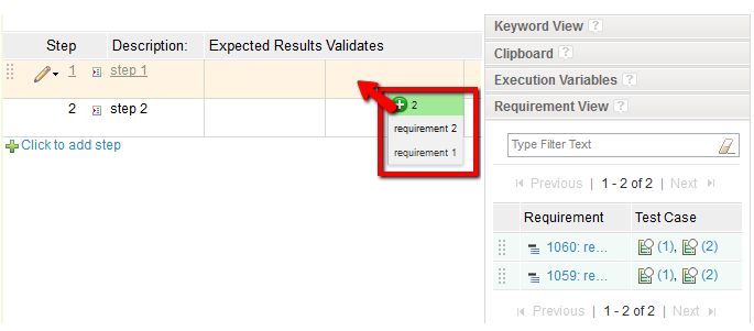 Drag and drop to add requirements to a test script step