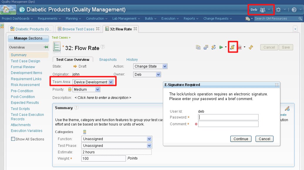 Test Case lock with e-signature