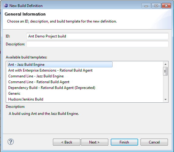 Create Jazz Build Definition dialog