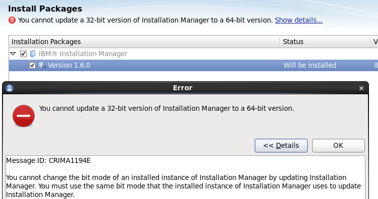 Error when starting Linux 64-bit IM with 32-bit version already stalled.