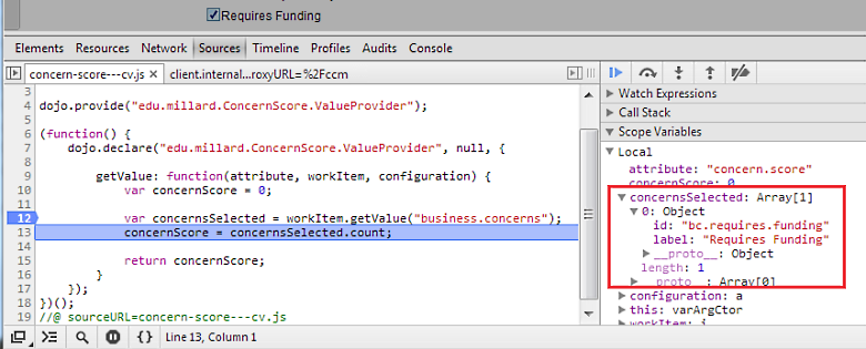 Structure of the Concerns Selected array is visible in the debugger