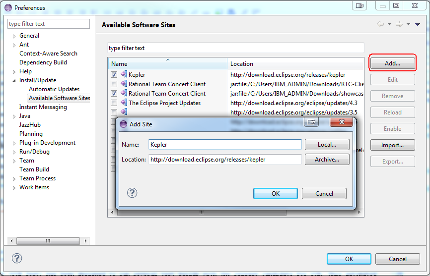 Add Eclipse Kepler update site