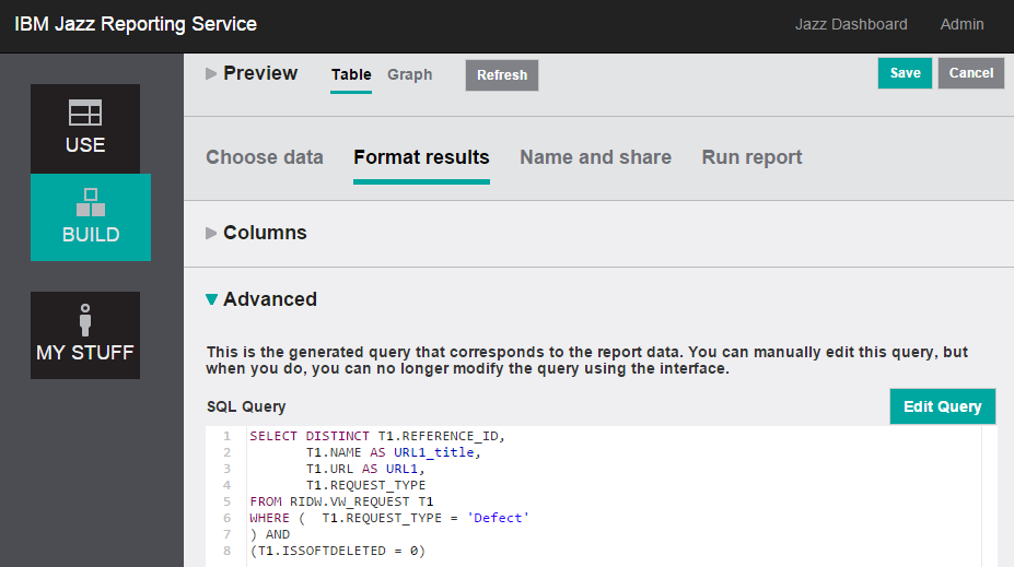 The generated SQL query in the Advanced section