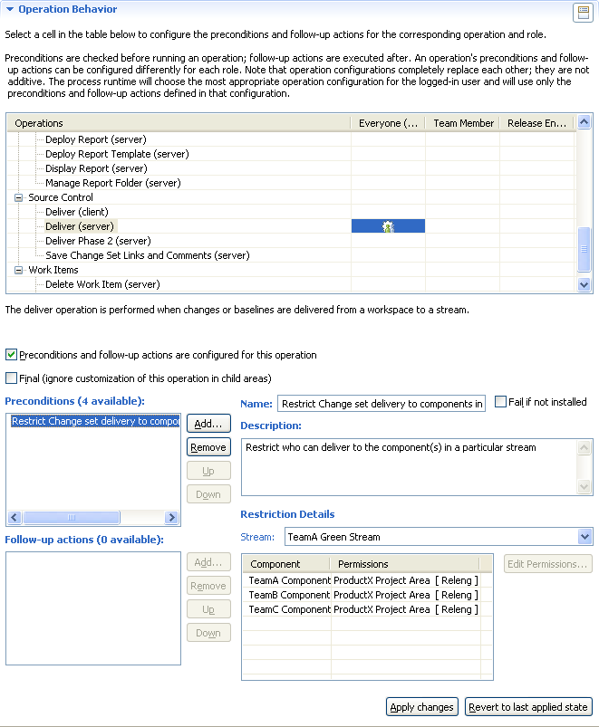 Aspect editor for precondition restrict change set delivery to components in stream