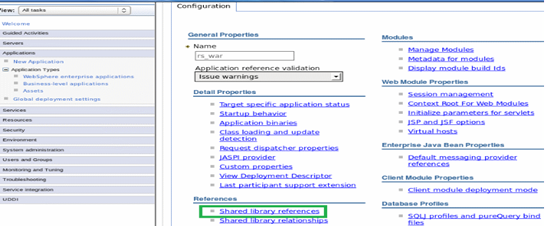 Screen capture of the Configuration page for the selected WAR file with the Shared library references link highlighted.