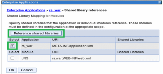 Screen capture of the Shared library references page. In the list of applications, the rs_war check box is selected.