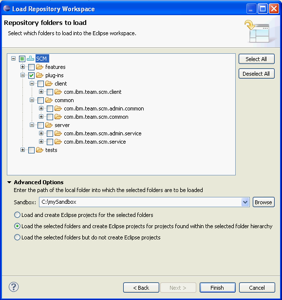 Second Load Wizard          page, choosing to create Eclipse projects for the projects          found