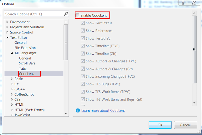 Visual studio codelens как отключить