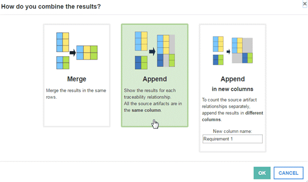 Trace artifact relationship section showing the options to combine results