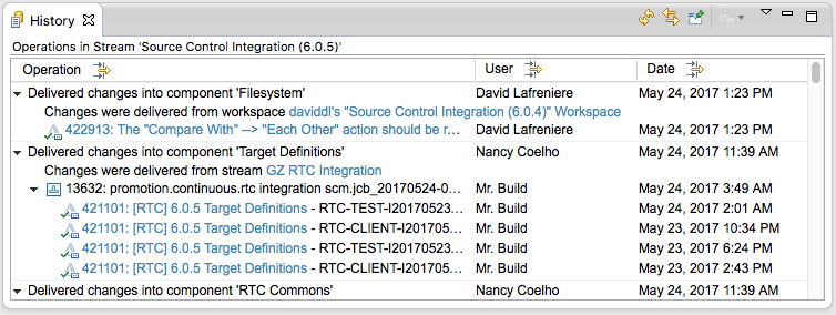 Expanding and viewing change details in the Operation History view