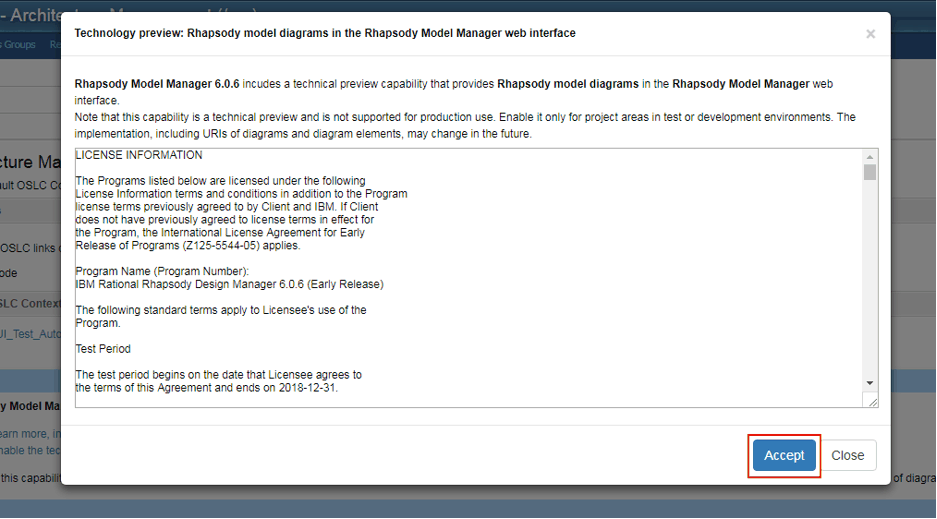 This is a screen capture of the license agreenement for the technology preview, Rhapsody model diagrams in the Rhapsody Model Manager web interface.